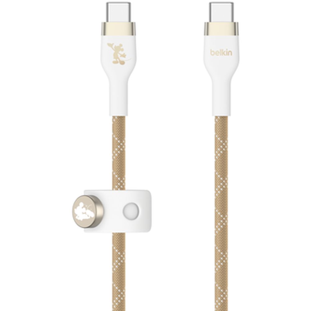 ベルキンBoostCharge Pro Flex USB-C to USB-C ケーブル 2M　Mickey＆FriendsCAB011QC2MWY-DYUSB-C to Cケーブル。最大出力60Wの高出力で、スマートフォン、タブレット端末等の機器にフルスピード充電が可能です。・二重編組の外被により、一般的なケーブルの30倍の高耐久性を実現・折り曲げ30000回の耐久試験済み・シリコン技術により柔軟性が極めて高く、もつれやねじれに強い・USB-C PD互換、Samsung S21Ultraの急速充電に対応(26分で0%から50%まで充電)・場所を選ばず簡単に取り付けられ、ケーブルの整理に便利な磁気クリップと金属プレート付きのケーブルストラップが付属【動作環境】[保証書]あり【発売日】2024年11月11日