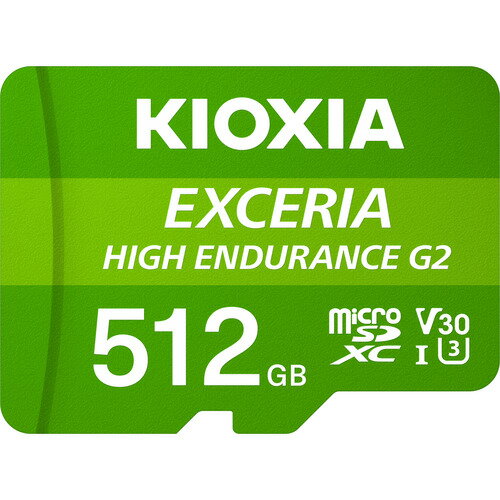 KIOXIA KEMU-B512G microSDカード クラス10 UHS-I U3 V30 512GB 発売日：2025年2月22日●安心の日本製メモリカード●監視カメラやドライブレコーダーの記録に適した耐久性EXCERIA HIGH ENDURANCE(G2) 高耐久 microSDHC/microSDXC UHS-Iメモリカードは、監視カメラやドライブレコーダーでの使用を想定しています。●撮影枚数・録画時間の目安【動画】HD(12Mbps) 約5、240分Full HD(21Mbps) 約2、990分4K(100Mbps) 約629分実際の記録枚数・録画時間は、ご使用の機器、撮影条件、設定等によって変わります。&nbsp;【仕様】容量：512GBユーザー領域：460.8GBインターフェース：UHS-I外形寸法：15.0mm x 11.0mm x 1.0 mm質量：約0.3g最大読出速度：100 MB/s最大書込速度：50MB/sUHSスピードクラス：U3ビデオスピードクラス：V30SDスピードクラス：C10