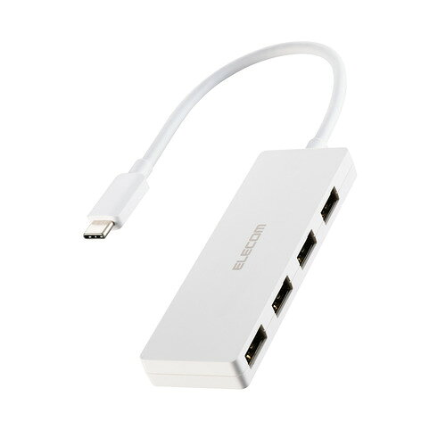 エレコム U2HC-H040WH USBハブ Type-C USB2.0 USB-A×4 バスパワー コンパクト 薄型 ケーブル長15cm ホワイト ●USB-Aポートを増やしてデスクまわりをすっきり。4つのUSB-Aポートを搭載した、USB Type-C(TM)接続のUSBハブです。機能を絞った薄型設計で、持ち運びにも便利です。●USB-Aポート×4を搭載。マウスやキーボード、USBメモリなどをこの1台にまとめて接続できます。●※本製品はUSBポートを増設するための製品です。本製品を使用してスマートフォン・タブレットを充電することはおすすめできません。●USB Type-Cコネクターは、表と裏がなく、向きを気にせず挿し込み可能です。●機能を絞った厚さ約10mm、約32gのコンパクト設計で、在宅ワークや出張、旅行の持ち運びにも便利です。●すべてのポートをフロントに集めて配置。同じ方向から接続できるため、デスクまわりの幅を取らずすっきり配線できます。●ケーブルは紛失の心配がない直付けタイプで、ケーブル長は取り回しのしやすい約15cmです。●ACアダプター不要のバスパワー専用タイプです。●自社環境認定基準を1つ以上満たし、『THINK ECOLOGY』マークを表示した製品です。●廃棄物削減に取り組み、製品に同梱する取扱説明書等をペーパーレス化した製品です。&nbsp;【仕様】コネクター仕様(アップストリーム)：USB Type-C(TM)プラグ×1＜USB2.0/USB1.1＞USBポート(ダウンストリーム)：USB-Aポート×4＜USB 2.0＞対応OS(Windows)：Windows 11/10対応OS(macOS)：macOS Sequoia 15対応OS(iOS)：iOS 18対応OS(iPadOS)：iPadOS 18対応OS 備考：※各OSの最新バージョンへのアップデートや、サービスパックのインストールが必要になる場合があります。ケーブル長：約15cm ※コネクター含まず電源方式：バスパワー動作環境：温度5℃〜40℃、湿度30%〜80%(結露なきこと)VCCI：Class B対応カラー：ホワイト外形寸法：幅約94mm×奥行約31mm×高さ約10mm ※ケーブル含まず重量：約32g保証期間：1年間