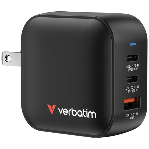 Verbatim MGAN70-3V1 GaN充電器 70W USB PD対応 USB-Cポート×2 USB-Aポート×1 ブラック●最大70W USB PD対応充電器ノートPC、スマートフォン、タブレット、ワイヤレスイヤホン、ゲーム機など、様々なデバイスを同時に充電可能●GaN（窒化ガリウム）技術採用高効率・低発熱を実現し従来の充電器より小型・軽量化。●海外でも使用できる変換プラグを付属BF(英国)、C(欧州)の2つの変換プラグを付属。そのまま海外で使用可能。&nbsp;【仕様】対応機種：USB-Cポートから給電可能である、スマートフォン、ノートPC、タブレット、ゲーム機などの機器。コネクター形状：USB-Cポート×2、USB-Aポート×1定格出力電力(単ポート)：USB-C1 : PD 3.0 (70W max.)、USB-C2 : PD 3.0 (70W max.)、USB-A : QC 3.0 (30W max.)サイズ：約54(W) x 54(D) x 31(H)mm※　※突起物を除く重量：約120g付属品：BF(英国)、C(欧州)保証：2年