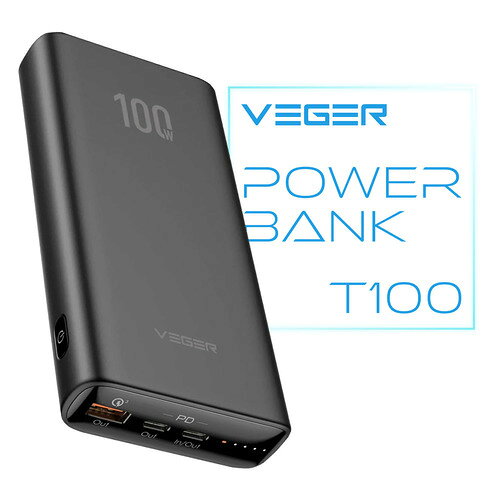 VEGER UQ-T100 モバイルバッテリー20000mAh 最大100W出力 USB PD・Quick Charge対応 3ポート ブラック発売日：2025年6月2日●20000mAhの大容量、3台同時に充電が可能。バッテリー容量は20、000mAhと超大容量。出力用ポート2つ（USB-A&Type-C×2）と、入力用ポート1つ（Type-C）を搭載。ワイヤレスイヤホンやスマートフォン、ノートPCなどを3台同時に充電できます。●最大100Wの高出力最大100W出力できるType-Cポートを搭載。高出力なのでノートパソコンの充電も可能です。コンセントのない場所でも電池切れを気にせず快適にパソコン作業ができます。●ノートPC対応TypeC給電が可能なノートPCであれば可能です。●QC3.0+PD3.0に対応のフルスピード充電USB-AポートはQuick Charge3.0に対応、Type-CポートはPower Delivery 3.0に対応しています。QC3.0とPD3.0どちらも対応しているので、幅広いデバイスでフルスピード充電が可能です。●バッテリー本体も急速充電が可能バッテリー本体も45Wの急速充電に対応。45W出力できる充電器に、付属のType-Cケーブルを使ってバッテリー本体を充電した場合、約2時間で再充電が可能です。&nbsp;【仕様】容量：20000mAhサイズ：156.7×74×25mm重量：382g入力端子：USB TYPE-C×1入力：5V-20V (最大45W)出力端子：USB TYPE-C×2、USB TYPE-A×1出力：（最大100W）Type-C(In/Out) 出力】5V-3.0A 9V-3.0A 12V-3.0A 15V-3.0A 20V-5.0A (100W)、Type-C 出力5V-3A 9V/2.22A 12V/1.66A (20W)、USB-A 出力　5V/3A 9V/2A 12V/1.5A (18W)同梱物：ケーブル（USB-C to Type-C）、取扱説明書パクトでスリムな設計