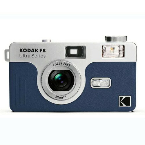 KODAK ULTRAF8 フィルムカメラ 35mm ネイビーブルー●デジタルカメラとは違う趣のある写りを手軽に楽しめる繰り返し撮影が楽しめるシンプルなフィルムカメラです。絞りやピントの調整が不要のかんたん操作で初めての方でも安心してお使いいただけます。フラッシュ内蔵で室内でも使用可能。&nbsp;【仕様】フィルム仕様：135フィルム(35mmフィルム)搭載レンズ：28mm、1枚構成レンズ絞り：F8（固定絞り）撮影可能距離：フォーカスフリー、 1.2m〜∞シャッター速度：1/120秒ファインダー：視野率70%使用電池：単3アルカリ乾電池1個使用(※電池は付属しません)本体材質：ABS樹脂本体サイズ：W117.9 x H64.2 x D36.7mm本体質量：約110g（フィルム、電池含まず）セット内容：カメラ本体、ハンドストラップ（フィルムは付属しておりません）製造国：Made in China