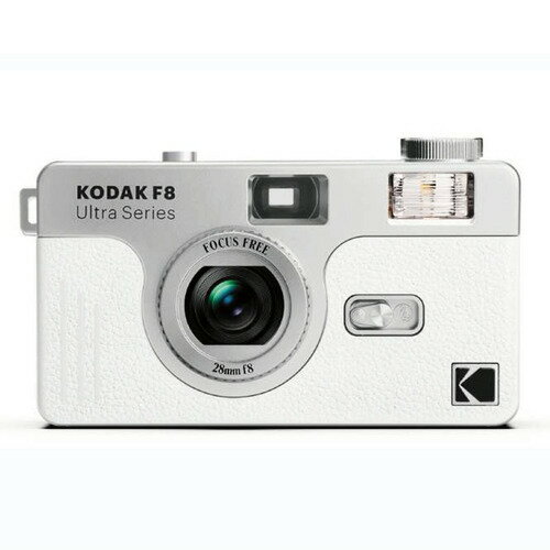 KODAK ULTRAF8 フィルムカメラ 35mm ホワイト●デジタルカメラとは違う趣のある写りを手軽に楽しめる繰り返し撮影が楽しめるシンプルなフィルムカメラです。絞りやピントの調整が不要のかんたん操作で初めての方でも安心してお使いいただけます。フラッシュ内蔵で室内でも使用可能。&nbsp;【仕様】フィルム仕様：135フィルム(35mmフィルム)搭載レンズ：28mm、1枚構成レンズ絞り：F8（固定絞り）撮影可能距離：フォーカスフリー、 1.2m〜∞シャッター速度：1/120秒ファインダー：視野率70%使用電池：単3アルカリ乾電池1個使用(※電池は付属しません)本体材質：ABS樹脂本体サイズ：W117.9 x H64.2 x D36.7mm本体質量：約110g（フィルム、電池含まず）セット内容：カメラ本体、ハンドストラップ（フィルムは付属しておりません）製造国：Made in China