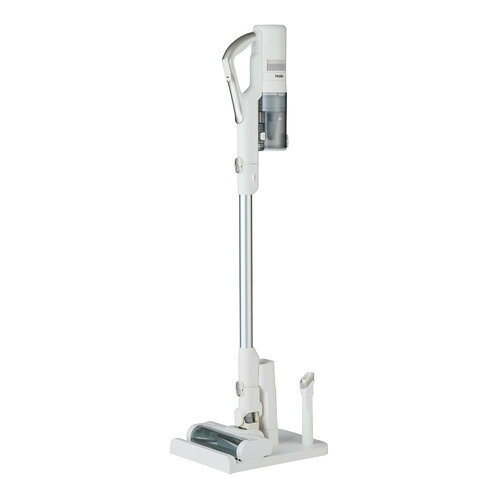 Haier JC-H1A-W コードレススティッククリーナー サイクロン式 充電スタンド付 ホワイト発売日：2025年9月9日●パワフルモーター×ホールドパワーブラシが生み出す、強いタフ！な吸引力吸引力を支えるパワフルモーターと、3種の素材でゴミをしっかりキャッチするホールドパワーブラシを搭載。ダストピックアップ率は99％以上。●タフ！な吸引力を支える大容量のダストケース高い吸引力が極力落ちないよう、本体のダストケースを大容量に。一般に、ダストケースの7割がごみで埋もれると吸引力が落ちる、と言われますが、頻繁に捨てていても、掃除中にゴミはたまりがち。家中を掃除しても吸引力をタフに保てる、大容量設計。●タフ！な吸引力を支える長時間運転可能なバッテリーと絡みにくいブラシ標準モードで35分も運転できるタフなバッテリーを搭載。ヘッドは髪の毛が絡みにくい特殊構造。●タフ！に使える設計スリム幅の省スペース収納置くだけで掃除機本体を充電できるスタンド付き。さらに、なくしてしまいやすい2wayノズルを収納できる。●タフ！に使える設計らくらくハンドルらくらくハンドルは、棒を掴む形状ではなく、輪っかのハンドルにしたことで掃除をする腕の負担を軽くし、長時間の掃除でも疲れにくい。●タフ！に使える設計低空可動ヘッドとLEDヘッドライトヘッドの可動域を広くした低空可動ヘッドと、ヘッドに搭載されたLEDライト。掃除がしにくい家具の下や暗いところのゴミを逃さない。●タフ！に使える設計らくらくメンテナンスダストカップにたまったゴミは、簡単に捨てることが可能。また、ゴミのたまりやすいフィルターやダストカップは水洗い可能で、清潔をキープ。&nbsp;【仕様】製品寸法（幅×奥行×高さ）：230×225×1035mm標準質量（本体質量）：約1.9kg（1.3kg）運転時間：強：約10分　標準：約35分充電時間：約4時間消費電力（充電中）：15W運転音：＜=82dBA集じん方式：サイクロン式集じん容積：0.25L（MAXラインまで）、0.35L（最大）