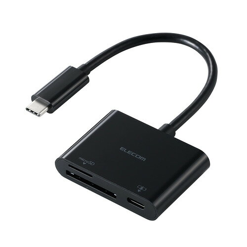 エレコム MR3C-C20PBK SDカードリーダー Type-C SD／microSD対応 PD100W ケーブル一体型 ブラック