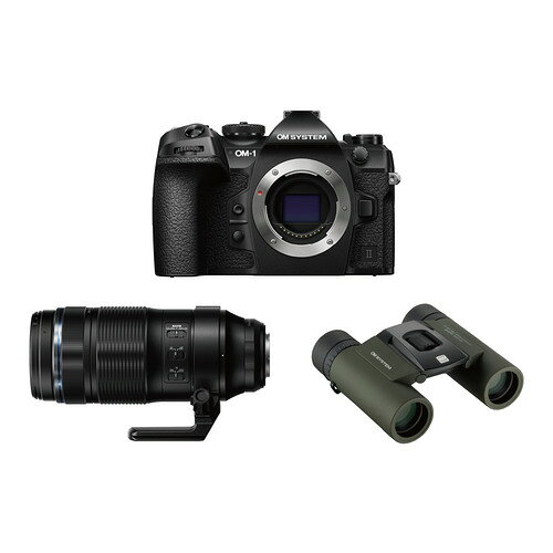 OMデジタルソリューションズ OM-1 Mark II 100-400mm IIキット BLK ミラーレス一眼カメラ OM SYSTEM 超望遠レンズキット 発売日：2025年11月14日●超望遠撮影の入門キット最大8.5段の補正効果を持つボディー内5軸手ぶれ補正を搭載した「OM-1 Mark II」に、小型軽量な超望遠ズームレンズ「ED 100-400mmF5.0-6.3 IS II」を組み合わせることで、手持ちでの超望遠撮影の可能性を大きく拡げます。さらに、倍率8倍の本格派モデルの双眼鏡「8×25 WP II（フォレストグリーン）」を付属し、野鳥の観察から撮影まで、自然の美しさを思いのままに体感したい方に最適な特別キットです。●重さ約1.9kg 驚異の5軸シンクロ手ぶれ補正による手持ち望遠撮影が可能なレンズキット当キットレンズである「M.ZUIKO DIGITAL ED 100-400mm F5.0-6.3 IS II」は、200-800mm相当の望遠域をカバーする小型・軽量の超望遠ズームレンズです。軽快な手持ち撮影を実現する5軸シンクロ手ぶれ補正に対応し、「OM-1 Mark II」との組み合わせによる手ぶれ補正段数はOM SYSTEMレンズ トップクラスに迫る最大7.0段の性能を誇ります。最大800mm相当をカバーする超望遠ズームレンズでありながら、重さ約1.9kgのコンパクトなカメラシステムとなり、強力な手ぶれ補正と相まって手持ち望遠撮影の可能性を大きく拡げます。さらに、本レンズはズーム全域で最短撮影距離が1.3mと超望遠レンズとしては非常に優れた近接撮影能力を実現しています。花や昆虫等も、離れた位置から最大撮影倍率0.57倍相当※6のテレマクロ撮影が可能です。●AI被写体認識AF＆進化したAF性能が被写体を逃さず追尾「OM-1 Mark II」は、ディープラーニング技術を活用して開発した「AI被写体認識AF」を搭載し、フォーミュラーカー・バイク、飛行機・ヘリコプター、鉄道、鳥、動物（犬・猫）に加え、新たに人物の認識にも対応。「AI被写体認識AF」では、画像処理エンジン「TruePic X」の高速演算により、リアルタイムに被写体の移動を検出、画面内で移動する被写体を逃さず追尾、人の操作では追いきれないドライバーのヘルメット、鳥・動物の目を追い続けることができます。●裏面照射積層型Live MOSセンサーと画像処理エンジン「TruePic X」が実現する高画質「OM-1 Mark II」は、裏面照射積層型Live MOSセンサーと、最新の画像処理エンジン「TruePic X」（トゥルーピック エックス）を搭載し、定評ある高解像レンズ「M.ZUIKO DIGITAL」との組み合わせにより、センサーサイズの常識を覆すOM SYSTEMカメラ史上最高の高画質が得られます。●カメラ、レンズともに「防塵・防滴・耐低温（-10度）設計」によりハードな撮影シーンに対応「OM-1 Mark II」、「M.ZUIKO DIGITAL ED 100-400mm F5.0-6.3 IS II」のいずれも、各部に効果的にシーリングを施し、高い防塵・防滴・耐低温性を備えています。小雨や雪、波しぶきがかかる場所、長時間屋外に置かれる夜景撮影など、普通のカメラにとってはハードなシーンにおいてもスムーズな撮影が行えます。レンズ交換時のゴミの付着、内部の機構部品から発生するイメージセンサー面へのゴミの付着を排除、ゴミの写り込みを激減させる定評あるダストリダクションシステムも搭載、カメラシステムの高い信頼性を支えます。●倍率8倍 防水・防曇設計の本格派モデルの双眼鏡も付属JIS保護等級7級相当の防水性能を備えており、水深1メートルの水中に5分間つけても問題なく使用できるアウトドアユースの本格派モデルの双眼鏡「8×25 WP II （フォレストグリーン）」も付属しました。全てのレンズ面にマルチコーティングを施し、高コントラストな視野を得ることができます。野鳥を観察しながら撮影も楽しむなど自然の美しさを思いのままに体感できるレンズキットです。&nbsp;【仕様】キット構成：OM SYSTEM OM-1 Mark II BodyM.ZUIKO DIGITAL ED 100-400mm F5.0-6.3 IS II8×25 WP II （フォレストグリーン）