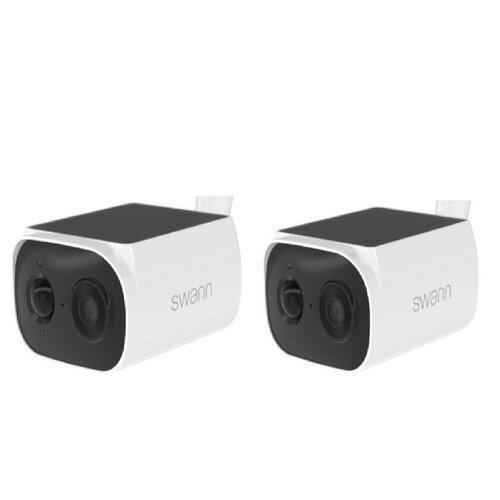 SWANN SWIFI-SESOL2KBC2-JP WIFI防犯カメラ 2K EVO ソーラーパネル カメラ2台セット 2K高画質 120度広視野角 暗視モード ホワイト発売日：2026年1月7日●工事不要の設置も簡単。ソーラーパネル搭載で太陽光で動くWIFIカメラカメラ本体上部のソーラーパネルが太陽光で自動充電し電力を供給します。USB-C充電にも対応しており、日照条件が不利な環境でも安定して運用できます。本体にパネル搭載で別途ソーラーパネルを取り付ける必要ありません。●最大2K高画質で鮮明に記録2K（2560×1440）の高解像度で、人物や荷物・車両まで細部をくっきり記録します。ペットの見守りや玄関の荷物確認、駐車場の監視など、さまざまなシーンに対応します。●スマートフォンからの監視、設定にはSwann Securityアプリを使用。カメラの初期設置や操作は、スマートフォンやタブレットに 無料の専用アプリをダウンロードして行います。 初期設定はアプリの画面ガイドに従うだけで完了。専門知識は不要です。設置後は、ライブ監視・録画再生・通知管理・双方向通話まで アプリから一括操作。外出先でも状況を確認でき、アラート受信や映像チェックがスムーズに行えます。●物検知 True Detect で誤作動を軽減赤外線エネルギーを検知するTrue Detectにより、人物や動きだけを正確に判別。風や光などによる誤作動が少なく、必要な場面だけを確実に捉えます。アプリ「Swann Security」と連携すれば、検知時にスマホへリアルタイム通知が届きます。●双方向通話・サイレン警告で遠隔対応カメラにスピーカーとマイクを搭載。外出先から宅配業者へ指示したり、不審者に対してサイレンを鳴らすなど、アプリ越しにその場の状況へ対応できます。●120度広視野角 & 暗視撮影で広く見守る120度の広視野角で死角を抑え、暗くなると自動で暗視モードへ切り替わります。夜間でも人物や物体を鮮明に把握できます。●IP56 耐候性で雨・雪でも動作IP56相当の防塵・防滴性能で雨や雪にも対応。屋内・屋外どちらでも設置でき、暑さ・寒さを含むさまざまな環境で安定して動作します。●本製品はカメラ2台セットです。スマホアプリで、2台監視、設定が可能。&nbsp;【仕様】解像度、カメラ視野角：2K QHD（2560 × 1440）、120度 超広角Wi-Fi周波数：2.4GHz（無線範囲最大20m）暗視機能、夜間視認距離、音声対応：あり、赤外線暗視、白黒最大10m、マイク・スピーカー内蔵（双方向）サイレン、PIRセンサ：あり、True Detect? 最大8mの熱感知バッテリー、充電方法：充電式5200mAhリチウム電池、ソーラー充電 / USB-Cケーブル経由（別売）寸法、重量：84 × 58 × 107 mm、253g付属品、保証期間：カメラ2台、16GBMicroSDカード、カメラマウント、取り付けネジ一式・取扱説明書、2年間