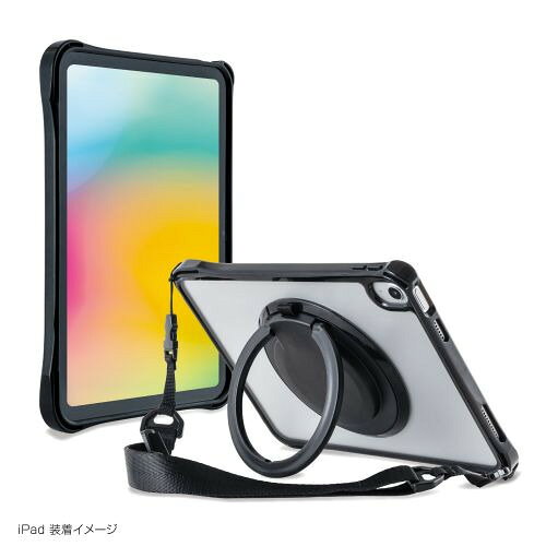 ナカバヤシ TBC-IP2502BK iPad11インチ用リングスタンド付き衝撃吸収ケース ブラック発売日：2025年12月下旬●衝撃に強く、縦・横スタンドになる。ストラップ付きでアクティブに使える多機能な衝撃吸収ケース縦横スタンド機能付きで、衝撃もしっかり吸収。屋内でも屋外でも安心のiPadケースです。●360°回転式リングスタンド縦にも横にも使える回転式リングスタンド。ハンドルやフックとしてもご使用いただけます。●クッション性のあるTPU製フレームが衝撃を吸収。カメラやボタン周りもしっかり守ります。●透明度が高く丈夫なポリカーボネート製背面パネル●フレームのコーナー部分にストラップを取付けられます。脱着パーツ付きストラップ付属●Apple Pencilが挿せるタッチペンホルダー●iPad（A16）、iPad10.9インチ対応&nbsp;【仕様】本体寸法：W192×D25×H261mm本体重量：約250gストラップ長/重量：約75〜133cm/53g材質：ポリカーボネート（PC）、熱可塑性ポリウレタン（TPU）、ナイロン対応機種：iPad（16A）、iPad10.9インチ