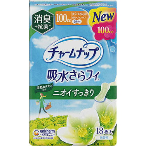 ※画像はイメージです。パッケージデザイン等は予告なしに変更されることがあります。※メーカーの欠品や製造中止により納期遅延、またはお届けできない場合がございます。ユニ・チャーム チャームナップ 多くても安心用 消臭タイプ 生理用品 18枚 発売日：2026年4月7日●消臭ポリマー配合で気になるニオイもギュッと吸引●抗菌シート搭載で菌の繁殖を防ぐ●天然カテキン配合●高吸収ポリマーとなみなみシートで瞬間吸収●100cc●29cm&nbsp;【仕様】容量：18枚ジャンル：生理用品