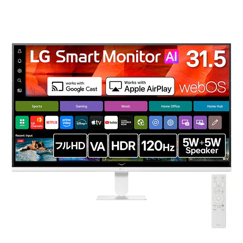 LGエレクトロニクス 32U501SB-W LG Smart Monitor AI 31.5型 フルHD 120Hz VAパネル採用 sRGB 99% HDR10 ノングレア ホワイト発売日：2026年7月7日●仕事も遊びも、この1台【仕事にも遊びにも適した大画面】■31.5インチ、フルHD31.5インチの大画面とフルHDの解像度が、映像や文字を広大かつ精細に表示。作業にも視聴にも快適な、広く見やすい表示環境を実現します。【モニターの可能性を広げる】■webOSLGのテレビでも使われている独自OSのwebOSを搭載。パソコンに接続しなくても、ストリーミングサービスの視聴や、ウェブブラウジング、Cloud gamingなど豊富なアプリなどさまざまなエンターテインメントを提供します。 付属しているリモコンやLG ThinQアプリで、手軽に操作可能です。また、Smart Monitorだけでコンテンツを満喫できます。【エンターテインメントを楽しむ】■ストリーミング日本でもお馴染みのTVer、Netflix、Disney+、Amazon Prime Video、 Apple TV 、YouTubeなどで、さまざまなコンテンツをお楽しみいただけます。 さらに、AIによる視聴傾向に応じたおすすめコンテンツなど新たな映像への出会いも提供します。●LG Smart Monitorで、理想の映像体験を【毎秒120フレームの表示に対応】■リフレッシュレート 120Hzゲーミングにも適した毎秒120フレームの表示に対応。FPSゲームなど高速な表示が望ましいコンテンツにおいて、高速かつクリアな映像表示が高い視認性を実現します。【忠実な色再現】■sRGB 99%(標準値)Windowsやウェブの標準色域であるsRGBを99％カバー。写真や映像をそのままのきれいな色ではっきり表示できます。【ハイダイナミックレンジに対応】■HDR(ハイダイナミックレンジ)ブルーレイやVODサービスなどの映像や、PCゲームやコンソールゲーム機など、増えつつある「HDR」に対応。明るい部分をより明るく、暗い部分をより深い黒で再現します。従来の「SDR(スタンダードダイナミックレンジ)映像」では色の識別が困難であったキメの細やかな表現をしっかりと描写することができます。※HDRに対応したコンテンツが必要です【長時間作業でも目にやさしい】■アンチグレア・アイケアモード画面は「アンチグレア」を採用。反射や映り込みが少なく、画面を見る時間が長くなる場合でも、目への負担が軽減されます。さらに、長時間の作業やおやすみ前にうれしい「アイケアモード」も搭載。画面を目に優しい色合いに表示し、ブルーライトを軽減します。※アイケアモードは、目にやさしい配色となるため、映像の色合が変わります●LG Smart Monitorで、理想のワークスペース【快適な作業空間を提供】■デュアルモニターHD解像度の約2倍の情報表示が可能なフルHD解像度が、快適な作業空間を提供します。さらに、LG Smart Monitor AIとノートパソコンをHDMIケーブルで接続すれば、2画面で作業ができるデュアルモニターに。ワークスペースがさらに広がり、作業効率がアップします。【スマホも簡単ワイヤレス接続】■Google Cast・AirPlay 2Google CastまたはAirPlay 2を使用して、スマホやタブレットとのリンクが可能。スマートデバイスから画面をワイヤレス共有して、写真や動画などをモニターの大画面で視聴できます。※サポートされる機能は国と地域によって異なる場合があります※デバイスとモニターが同じWi-Fiネットワークに接続している必要があります※Google CastはAndroid 9.0以降を搭載したAndroidスマートフォンまたはタブレット、およびiOS 16.0以降を搭載したiPhoneまたはiPadでサポートされています※AirPlayとHomeKitを使用する場合は、最新バージョンのiOS、iPadOS、macOSを推奨します【モニターで迫力のあるサウンドを楽しめる】■5W+5Wスピーカー搭載、Bluetooth対応5W+5Wのステレオスピーカーを搭載しており、迫力のあるサウンドをお楽しみいただけます。また、Bluetooth経由で、スマホやタブレットの音楽を再生することで、高音質スピーカーとして使用することも可能●3年安心・無輝点保証&nbsp;【仕様】●液晶パネル：サイズ ： 31.5インチ(アスペクト比16:9)VA：最大表示解像度：1920×1080有効表示領域 698×393mm：画素ピッチ：0.36375×0.36375表示色/色域 ： 約1、677万色 / sRGB 99%：視野角 ： 178°/ 178°(CR＞=10)輝度 ： 標準値250cd/m2：コントラスト比：3、500:1応答速度(標準値)：5ms(GTG 応答速度Faster設定時)：●接続：出入力端子：HDMI入力×2(eARC×1、HDMI CEC)、USB入力×2、USBダウンストリーム(USB 2.0)×2、ヘッドホン(ステレオミニジャック)、Wi-Fi 5 (IEEE802.11a/b/g/ac)、Bluetooth5.0●主な機能：HDR：HDR10映像関連機能：フリッカーセーフ、ブルーライト低減モード(アイケアモード)、色覚調整、Smart Energy Saving、Dynamic Tone Mapping：音声関連機能：オートボリュームレベリング接続関連機能：リモコン、マジックリモコン対応、USB Media Player：スマート機能：LG ThinQアプリ、音声入力(要マジックリモコン)、Apple AirPlay、ウェブブラウザ、Remote Desktop、ゲーミング機能：クロスヘア、FPSカウンター、Game Optimizer、専用ソフトウェア：LG Switch●外形寸法(幅×高さ×奥行き)/重量：スタンドあり：714 × 507 × 220(mm) / 5.1kgスタンドなし：714 × 421 × 44(mm) / 4.1kg：●筐体仕様：内蔵スピーカー：5W+5W、OSD操作：OSDジョイスティック、チルト角度：前：-5゜〜後：20゜、スイベル角度：-、高さ調整：-、ピボット：-、伸縮：-、マウント規格：100×100●電源：電源入力：100-240V、50/60Hz、消費電力：26W(オンモード値)、待機時：0.5W、オフ時：0.5W●その他：電源コード (1.5m)、AC-DC アダプター、HDMIケーブル (1.5m)、リモコン、電池、クイックセットアップガイド、保証書