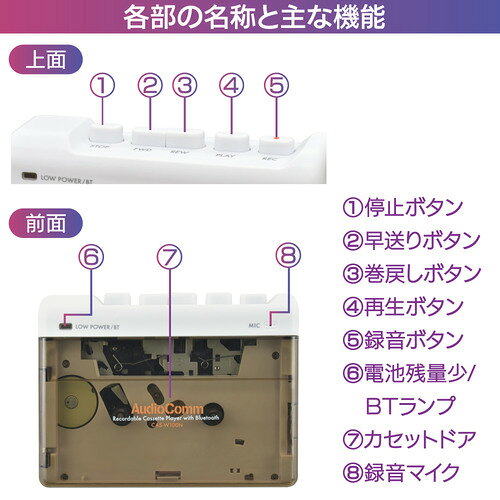 オーム電機 CAS-W100N カセットプレーヤー 無線接続 Bluetooth対応 単3形乾電池x2...