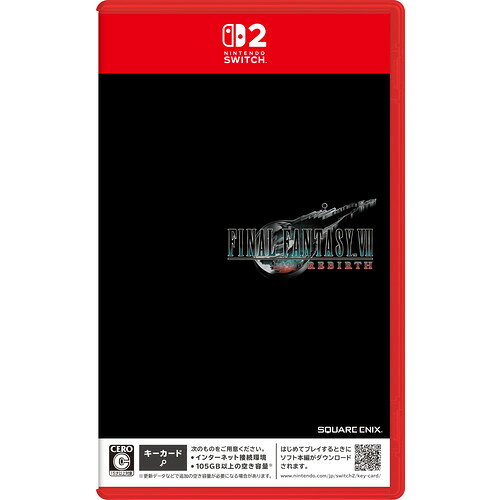 発売日：2026年6月3日※　お一人様につき、1個限りとさせて頂きます。　複数のご購入はご遠慮ください。お一人で、もしくは別名でも同一住所や同一連絡先等で複数ご購入されたご注文はキャンセルさせて頂く場合がございます。その際はご入金されても、手数料お客様負担で返金となります。また、弊社にて転売目的と判断させて頂いた場合もご注文をキャンセルさせて頂きます。予めご了承ください。※特に記載の無い特典等はお付けできません。■商品名：FINAL FANTASY VII REBIRTH 【Switch2】■メーカー: スクウェア・エニックス■ジャンル：RPG■対応機種：Nintendo Switch 2■型番：POT-P-ABMTA■CERO年齢区分：Cクラウドとセフィロスの闘いの先に待つ、衝撃の運命をNintendo Switch(TM) 2 で体験せよ！◆ストーリー世界を支配する巨大企業《神羅カンパニー》そして、星の支配者になることを望むかつての英雄《セフィロス》主人公の《クラウド》たちは、彼らとの壮絶な闘いを経て《鋼鉄の都市ミッドガル》を脱出。広大な世界に足を踏みだし、星を救うためにセフィロスの行方を追う──◆タイトル概要「ファイナルファンタジーVII リメイク」 シリーズ 第2作目広大なフィールドを自由に探索して、遊びに満ち溢れた世界を冒険しよう！《冒険の舞台》チョコボやバギーなど、各地に用意された移動手段と共に、特徴的なフィールドを駆け巡ろう！《仲間との絆》アクションと戦略性が融合したバトル！仲間との連携技で強敵に挑め！《心を揺さぶる物語》主人公のクラウドを中心とする、それぞれの想いや運命が交差する物語を体験しよう！第1作目のダイジェスト映像も収録。物語をおさらいしてから本作をお楽しみいただけます。本作のパッケージ版は「キーカード」での販売となります。はじめてプレイするときにソフト本編がダウンロードされます。ダウンロードにはインターネット接続環境と105GB*以上 の空き容量*が必要です。詳細は下記をご確認ください。//www.nintendo.com/jp/games/switch2/key-card/index.html*必要容量は変更になる場合がございます。*更新データなどで追加の空き容量が必要になる場合があります。（C) SQUARE ENIXCHARACTER DESIGN: TETSUYA NOMURA / ROBERTO FERRARILOGO ILLUSTRATION:(C) YOSHITAKA AMANO※画像はイメージです予告なく変更される場合がございます。　記載の仕様及び外観等は予告なく変更される場合がございます。最新情報はメーカー公式サイト等でご確認ください。