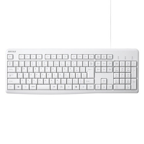 BUFFALO BSKBU110WH 有線キーボード メンブレン 日本語配列 109キー レーザー刻印 角度調整スタンド搭載 ホワイト発売日：2026年7月21日●カーブデザインを採用した疲れにくいキーボードスペースキー付近の面積が広いため、親指への負担が軽減され快適なタイピングが可能です。●耐久性に優れたレーザー刻印キートップの印字には、耐久性にすぐれたレーザー刻印を採用。●デスクトップパソコンと同じく、打鍵しやすいキーピッチ19mmを採用通常のデスクトップキーボードと同じ19mmのキーピッチで、快適なタイピングが可能です。●角度調整スタンド装備を搭載傾斜角を調整できる角度調整スタンドによって、タイピング時の疲労を大幅に軽減します。●ドライバーインストール不要の簡単接続ドライバーインストール不要、面倒な設定なしで、本商品をパソコンのUSBポートに挿し込むだけですぐ使用可能です。&nbsp;【仕様】ケーブル：1.5m寸法(幅×高さ×奥行mm)：441×24×152質量：405gキー数：109キーキー構造：メンブレンキーピッチ：19mmキーストローク：3.6mm保証期間：6か月パッケージ：紙箱