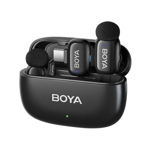 BOYA BOYAMINI2-02 ワイヤレスマイク AIノイズキャンセリング搭載 無指向性 USB Type-C対応 ブラック発売日：2026年6月11日●親指サイズの超小型送信機AIノイズキャンセリングを搭載したBOYA史上最少サイズのマイクで、レコーディングをもっと気軽に楽しく行いましょう。親指サイズの送信機の重量はわずか5g。ポップでオシャレなデザインが、あらゆるシーンにマッチします。何も付けていないかのような軽やかさで、ハイクオリティな録音が可能です。●AIノイズキャンセリング機能AI駆動のニューラルネットワークチップを搭載。70万以上のオーディオサンプルと2万時間の深層学習により、最大-40dBのノイズキャンセリングを実現します。従来のノイズキャンセリングとは異なり、声を歪ませることなく周囲のノイズをリアルタイムで識別・除去し、自然でスタジオ品質のクリアさを保ちます。●48kHz/24bitの圧倒的な高解像度録音48kHz/24bitのサンプリングレートによる録音により、声の繊細なニュアンスまで忠実に再現。どこでもスタジオ品質のサウンドを録音します。80dBの高い信号対雑音比（SNR）により、背景の不要なノイズを最小限に抑え、クリアな音質を確保しています。最大120dBの音圧レベルにも対応しており、突然の大きな声でも歪みのない録音が可能です。また、BOYA Centralアプリでモノラルとステレオの切り替えも可能なので、自由度の高い編集が可能になります。●プラグ＆プレイで簡単接続送信機をデバイスに接続して受信機を充電ケースから取り出して使用可能。高品質なレコーディングをすぐに始めることができます。BOYA Central アプリを使用することで、イコライザーやノイズキャンセリングの強度、セーフティートラックの設定や6段階のゲイン調整など、より便利に使用可能です。※セーフティートラックとは：バックアップとして-12dBで録音する機能です。リアルタイムで音量を監視する自動リミッターが、突発的なピーク音を瞬時に調整し、大切な録音の失敗を防ぎます。●長時間のレコーディングでも安心送信機単体で最大6時間の使用が可能。ケースを使った充電と組み合わせることで最長30時間の使用を実現します。コンパクトで便利に持ち運べるだけでなく、長時間のレコーディングでも安心してお使いいただけます。伝送距離は最大100mとなっており、屋外での離れた場所からの撮影でも活躍します。※海外から個人購入されたものや、並行輸入品は当社サポート対象外となります。※ご使用の前に、充電接点部に貼付されている絶縁テープを剥がしてください。&nbsp;【仕様】伝送方式：2.4GHz帯デジタル周波数極性パターン：無指向性動作範囲：最長100m（障害物や干渉のないオープン環境で測定）周波数特性：20Hz〜20kHzサンプリング/ビットレート：48kHz/24bit最大音圧：120dB信号対雑音比：＞80dB録音形式：モノラル、ステレオ、セーフティートラックオーディオ入力：内蔵マイクカプセルバッテリー寿命：約6時間サイズ：31×15×16.4mm（トランスミッター）、23.2×22.4×10.1mm（USB-Cレシーバー）、23.2×22.6×10.1mm（iOS Lightningレシーバー）、67.4×48.4×22.5mm（充電ケース）重量：約5g（トランスミッター）、約2.5g（USB-Cレシーバー）、約3g（iOS Lightningレシーバー）、約29g（充電ケース）内容物：トランスミッター ×2、USB-C レシーバー ×1、充電ケース ×1、USB-C - USB-A 充電ケーブル ×1、キャリングポーチ ×1