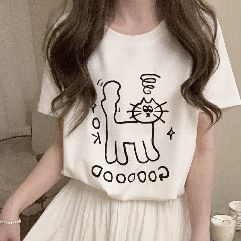 Other - Tシャツ レディース 半袖 猫柄 猫Tシャツ ねこ トップス カットソー プルオーバー クルーネック 丸首 トレンド 大人 かわいい 20代 30代 女性 春 春夏 夏 春服 夏服 可愛い フェミニン ゆったり きれいめ プリント カジュアル 通勤 通学 オシャレ おしゃれ