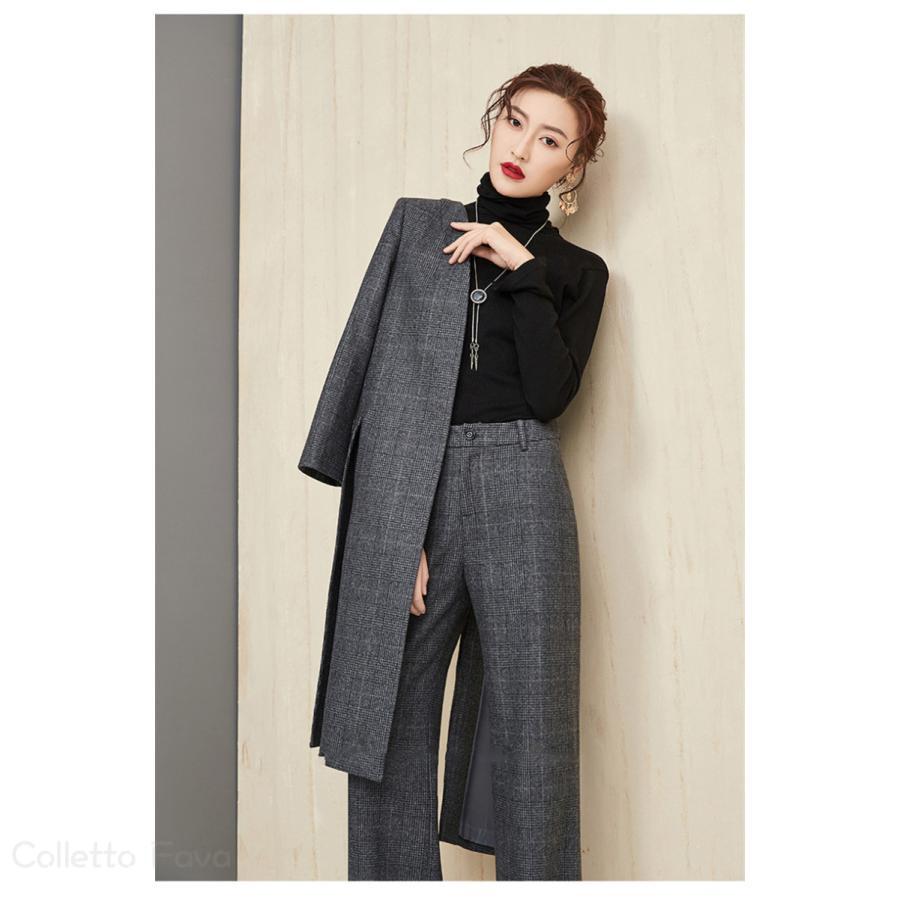 スーツセット レディース パンツセット 事務服 チェック柄 ワイドパンツ ビジネススーツ ラシャ セレモニー 入学式 通勤OL オシャレ 着痩せ