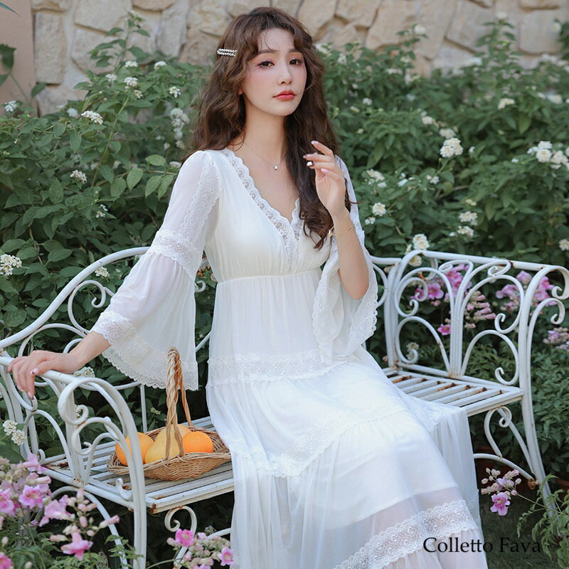 ネグリジェ ワンピース パジャマ 長袖 ロング丈 甘ロリ ルームウェア レディース 春 秋 夏 無地 ルーム..