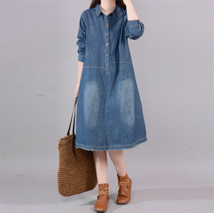 デニム ワンピース 長袖 レディース 春 秋 膝丈ワンピース ミディアムワンピース デニムワンピース シャツワンピース aライン ワンピース デニム 体型カバー ハイウエスト 着回し 着痩せ きれいめ 上品 30代 40代 シンプル 袖ロールアップ 送料無料