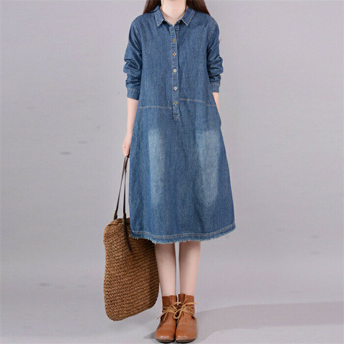 デニム ワンピース 長袖 レディース 春 秋 膝丈ワンピース ミディアムワンピース デニムワンピース シャツワンピース aライン ワンピース デニム 体型カバー ハイウエスト 着回し 着痩せ きれいめ 上品 30代 40代 シンプル 袖ロールアップ 送料無料