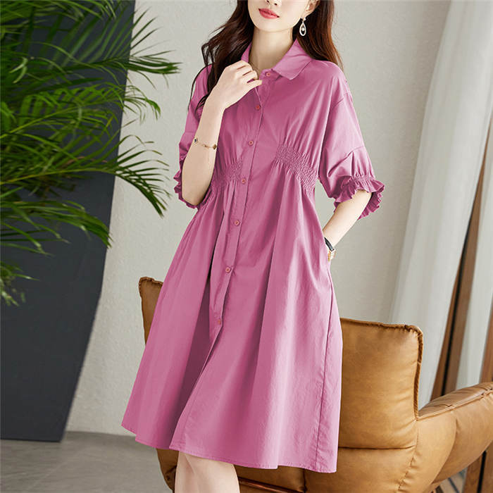 シャツ ワンピース きれいめ 半袖 夏 春夏 膝丈 ミディアム シャツワンピース aラインワンピース レディース ギャザー 大きいサイズ ゆったり デザイン アシンメトリー aライン コットン 綿100％ パフスリーブ 美脚 通勤 着痩せ 上品 30代 40代 新作 無地 白 ブルー