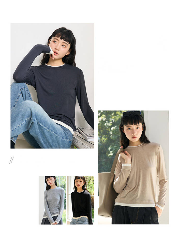 カットソー レディース 秋冬 春秋 Tシャツ tシャツ プルオーバー 長袖 フェイクレイヤード フェミニン 切替 重ね着 レイヤード インナー シンプル クールネック ストレッチ 柔らかい 柔軟 春 秋 冬 無地 通勤 オフィス 仕事 ベージュ グレー 黒 ブラック 30代 40代 50代
