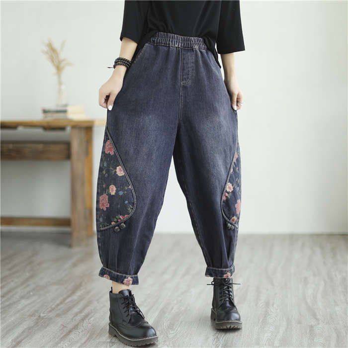 デニムパンツ デニム レディース 春 秋 冬 花柄 プリント デニム パンツ 大きいサイズ ゆったり ボトムス ハロンパンツ イージーパンツ ママパンツ 体型カバー ウエストゴム リラックス おしゃれ ファッション 着痩せ 美脚 通勤 カジュアル ポケット付き 30代 40代 50代