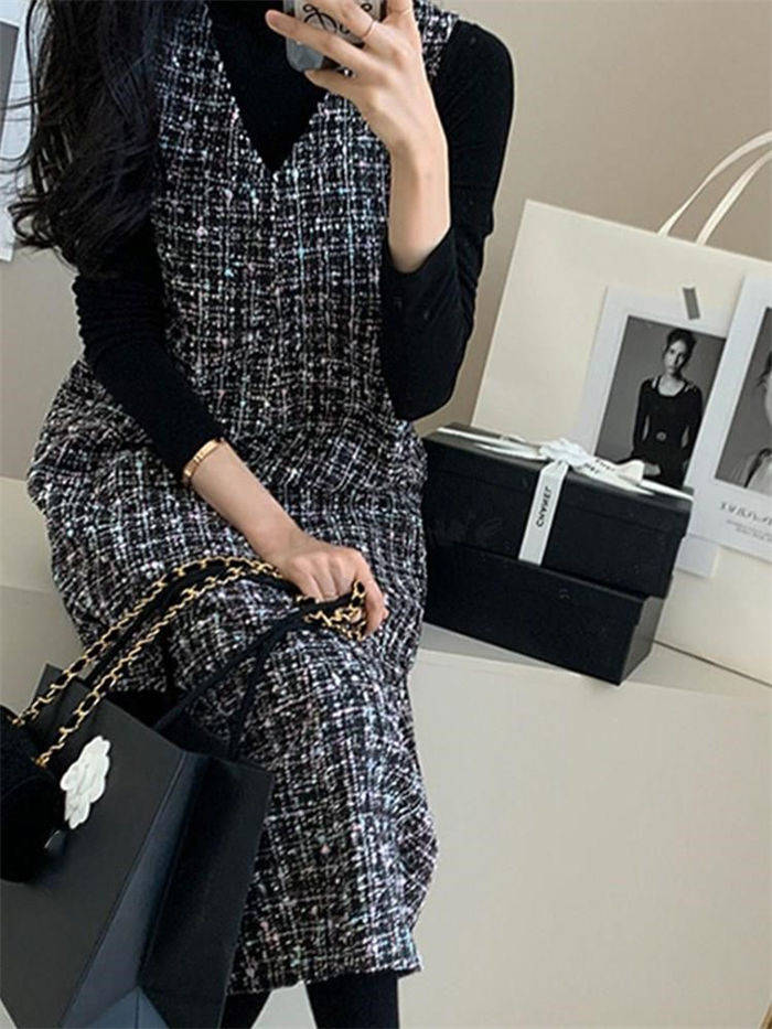 ツイード ジャンパースカート 秋 冬 ラメ ジャンパースカート vネック レディース 大人 ノースリーブ ワンピース 秋冬 黒 きれいめ ロング丈 ジャンスカ オールインワン バックファスナー付き スリット 上品 通勤 オフィス OL 重ね着 おしゃれ 秋 冬 送料無料