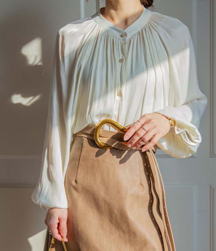 シャツ ブラウス レディース 長袖 半袖 シャツブラウス ギャザー シャツ 春 夏 秋 定番 オフィス ビジネス シャツ レディース シンプル トップス フォーマル サテン バンドカラー パフスリーブ 通勤 きれいめ 着回し 大きいサイズ ゆったり 50代 30代 40代 黒 送料無料