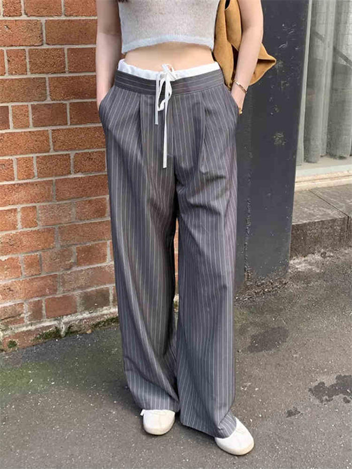スラックス レディース きれいめ ウエスト 切り替え デザイン ボトムス 春 秋 ストライプ 柄 ワイドパンツ ストレートパンツ イージーパンツ タックパンツ タック ウエストリボン カジュアル オフィス トレンド ハイウエスト ロング丈 ズボン 通勤 新作 OL 送料無料 e-wind777-10010479 Colletto Fava サンプル画像2
