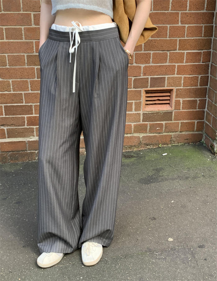 スラックス レディース きれいめ ウエスト 切り替え デザイン ボトムス 春 秋 ストライプ 柄 ワイドパンツ ストレートパンツ イージーパンツ タックパンツ タック ウエストリボン カジュアル オフィス トレンド ハイウエスト ロング丈 ズボン 通勤 新作 OL 送料無料 e-wind777-10010479 Colletto Fava サンプル画像3