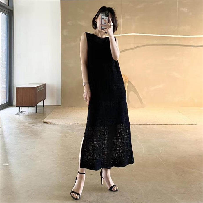 透かし編み ノースリーブ ワンピース レディース 夏 ノースリーブワンピース aライン ワンピース レディース ロングワンピース ロング丈 マキシ丈 ロングワンピ 薄手 ニットワンピース サマーニット インナー付き サイドスリット 透け感 シンプル 大人 重ね着 コーデ