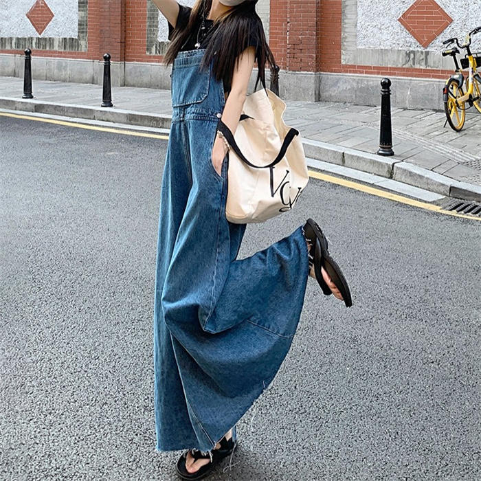 デニム フレアジャンパースカート ジャンパースカート デニム サロペット スカート ワンピース ロング丈 マキシ丈 オールインワン フレアワンピース キャミソールワンピース キャミ 大人 サロペットスカート デニム 裾フリンジ ゆったり 大きいサイズ カジュアル 春夏