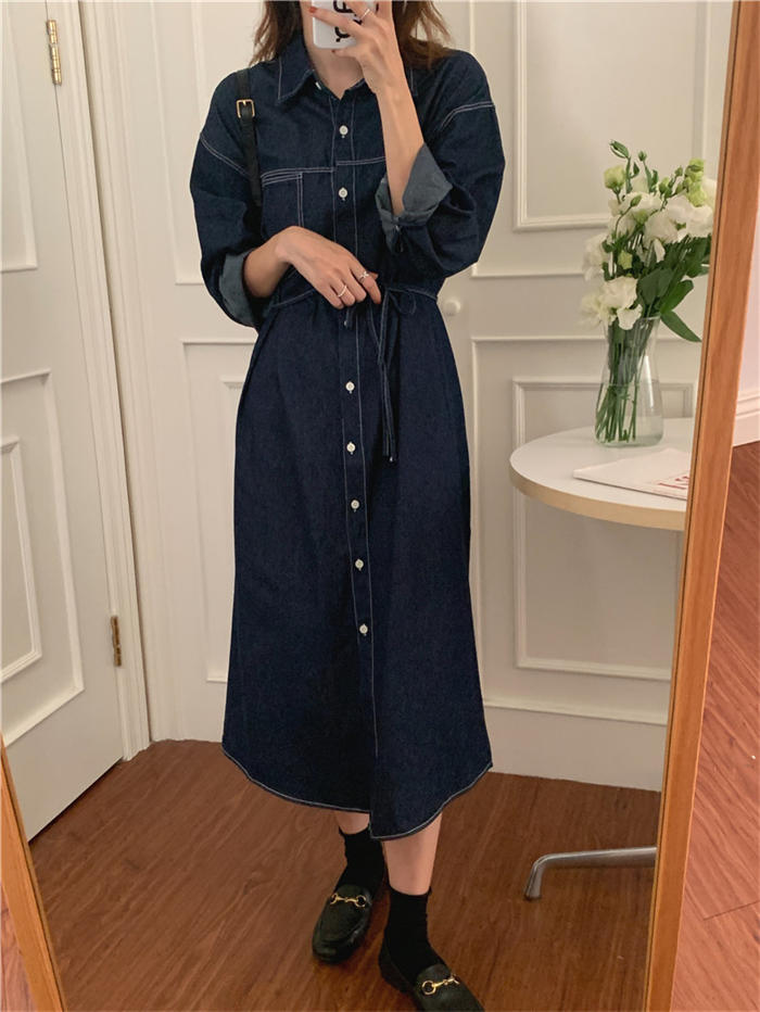 デニムシャツワンピース レディース デニムシャツ 長袖 春 秋 夏 無地 ロング コーデ ワンピ デニム ワンピース ロングシャツ シャツワンピース 大人 デニムワンピース レディース ミモレ丈 前開き ウェストリボン カジュアル シンプル ゆったり 体型カバー 通勤