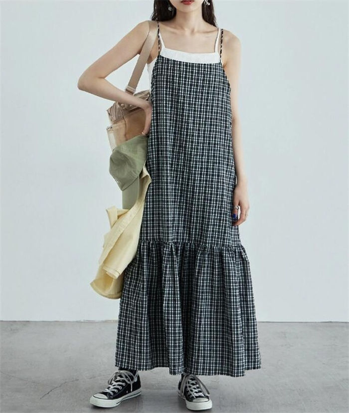 チェック柄 キャミワンピース レディース 夏 キャミソール ワンピース ロング ジャンパースカート フレア ワンピース Aライン ティアードワンピース サロペット スカート オールインワン ジャンスカ 春 夏 ロング丈 ゆったり マタニティ 楽ちん 体型カバー 重ね着 黒