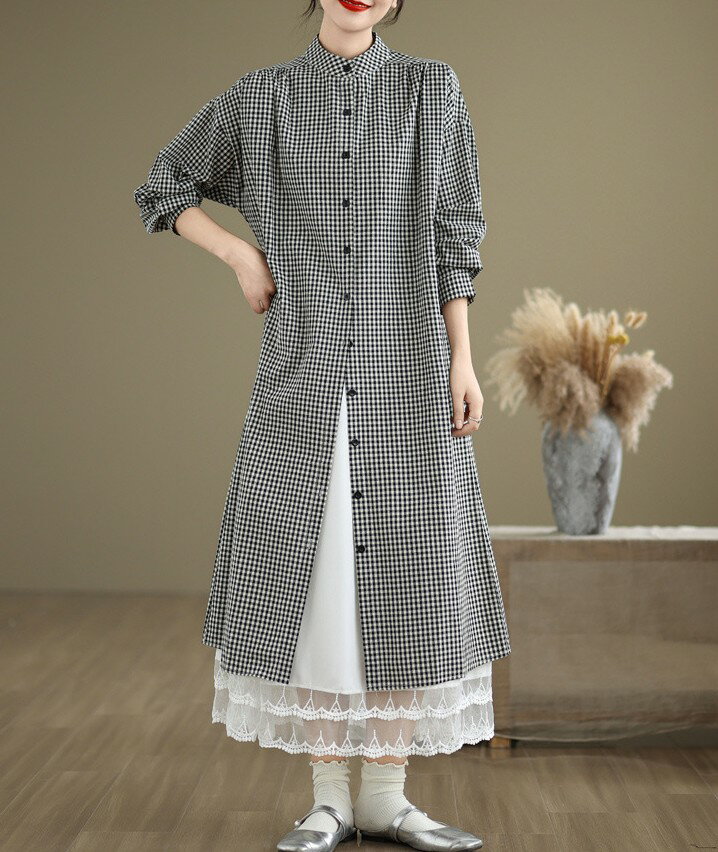 チェック柄 シャツワンピース バンドカラー ワンピース レディース 春 夏 秋 長袖 ロングワンピース 春秋 羽織 ゆったり 体型カバー はおり ロングシャツ 大人 ロングワンピ 重ね着 レイヤード 大きいサイズ aライン 薄手 ギンガムチェック 30代 40代 50代 送料無料