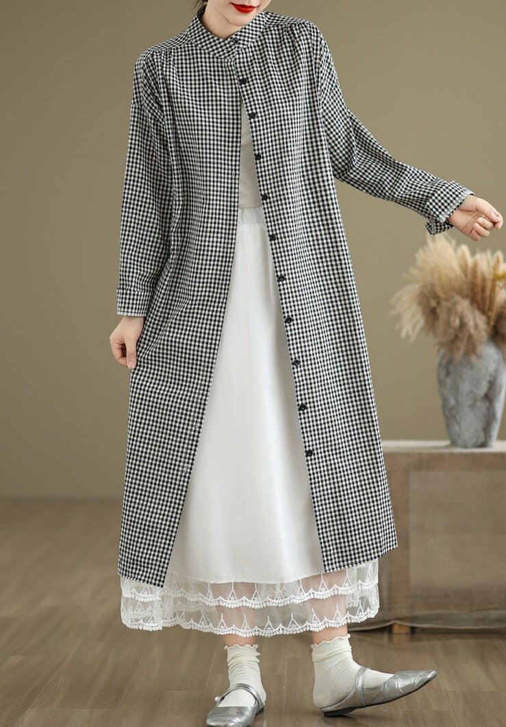 チェック柄 シャツワンピース バンドカラー ワンピース レディース 春 夏 秋 長袖 ロングワンピース 春秋 羽織 ゆったり 体型カバー はおり ロングシャツ 大人 ロングワンピ 重ね着 レイヤード 大きいサイズ aライン 薄手 ギンガムチェック 30代 40代 50代 送料無料