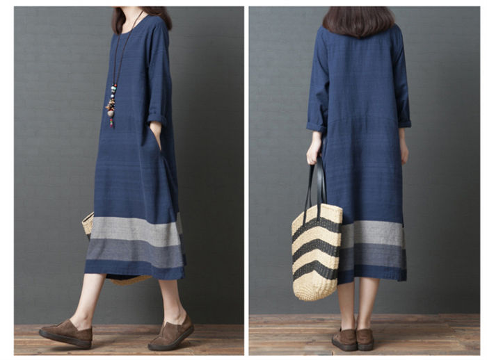 ワンピース 春 カジュアル レディース 秋冬 ロング ラウンドネック 長袖 ロングワンピース レディース きれいめ 綿麻混 ファッション ゆったり 体型カバー 大人 ロングワンピ カジュアル ロング丈 ボーダー 無地 大きいサイズ 綿麻混 30代 40代 50代 ママ 母 送料無料