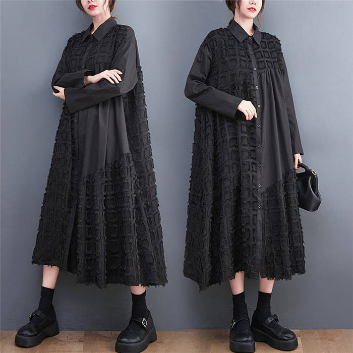 シャツ ワンピース レディース 秋 冬 春 長袖 ロングワンピース フレアワンピース アシンメトリー 切り替え アシメ フレア aライン ロング 大きいサイズ ゆったり 体型カバー 通勤 春秋 秋冬 大人 おしゃれ ファッション 個性的 30代 40代 50代 送料無料 黒 ブラック