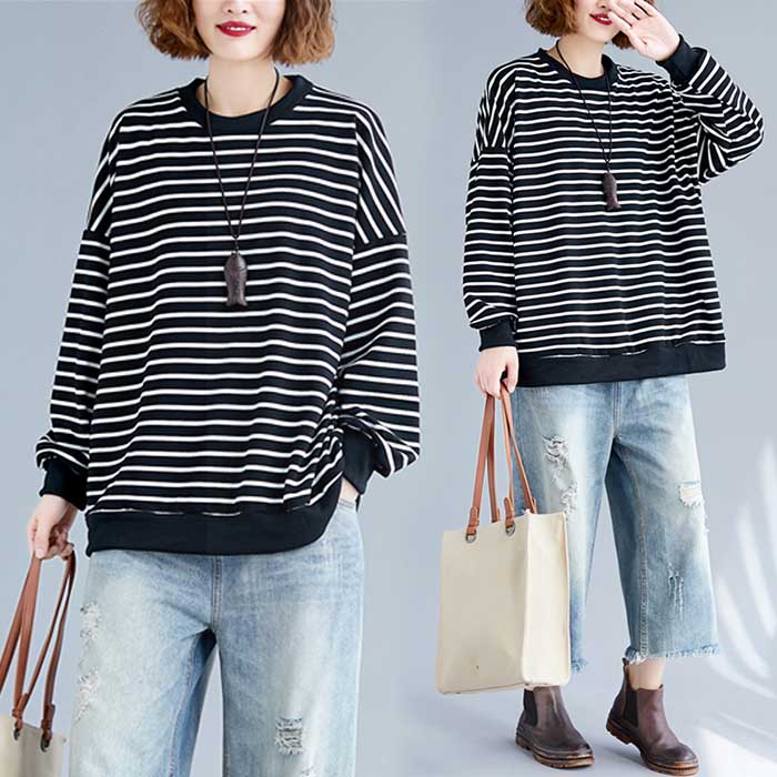 ボーダー柄 スウェット 春 秋 プルオーバー レディース トップス カットソー スエット トレーナー ボーダー 丸首 長袖 長そで 大きいサイズ ゆったり 体型...
