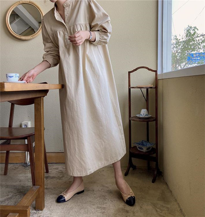 送料無料 シャツワンピース 春 ロング シャツワンピース 長袖 プルオーバー 大きいサイズ きれいめ シャツ ワンピース 春 夏 レディース ロング丈 ゆったり ワンピース レディース 春 長袖 パフスリーブ 切り替え 無地 ギャザー 体型カバー 大人 おしゃれ 30代 40代 50代
