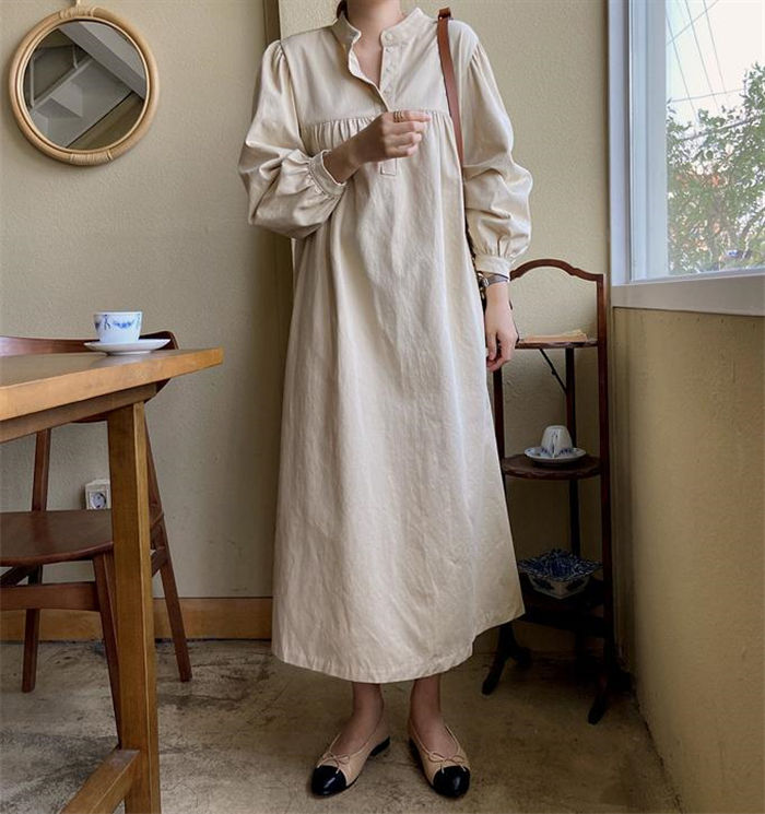 送料無料 シャツワンピース 春 ロング シャツワンピース 長袖 プルオーバー 大きいサイズ きれいめ シャツ ワンピース 春 夏 レディース ロング丈 ゆったり ワンピース レディース 春 長袖 パフスリーブ 切り替え 無地 ギャザー 体型カバー 大人 おしゃれ 30代 40代 50代