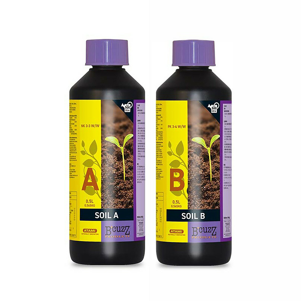 B'cuzz Soil A&Bは、強くて健康な植物として成長するために必要な栄養素が含まれており、植物の一生を通して使用可能な肥料です。成長期にはA剤を少し多めに、開花期にはB剤を少し多めに投与するなど、育苗する様々な植物の成長サイクルに合わせて投与バランスを調整することも可能です。■対応植物■ズッキーニ、豆、タイムのような野菜、果物、ハーブなどの植物に適しており、屋内および鉢植えの植物（アンスリウム、ラベンダー、ガーベラなど）にも使用することができます。■使用方法■水1リットルに対して・A：1〜5ml・B：1〜5ml※養液中の特定の栄養素が高濃度で互いに化学的に反応するため、栄養素はAとBの2つの別々のボトルに入っています。※AとBを混合してから水に加えないようご注意ください。※水の中でAとBが混ざるように入れましょう。B'CUZZ SOIL A液保証成分量(％)窒素全量3.2(内アンモニア性窒素0.2、硝酸性窒素3.0)、水溶性加里3.2、水溶性石灰2.5、水溶性苦土0.9B’CUZZ SOIL B液保証成分量(％)窒素全量0.45(内硝酸性窒素0.40)、水溶性りん酸2.9、水溶性加里4.0、水溶性苦土0.46、水溶性マンガン0.02、水溶性ほう素0.02検索ワード：土耕栽培肥料 BCUZZ 土耕肥料 ATAMI B'CUZZ オランダ イギリス ビーカズ アタミ ソイル 肥料 野菜 肥料 ハーブ 肥料 鉢花 肥料 豆 肥料 業務用 肥料 野菜肥料 野菜 液肥 野菜 液体肥料 肥料 ズッキーニ 肥料 ガーデニング 肥料 園芸 肥料 家庭菜園 肥料 農業用 肥料 農業用 液体肥料