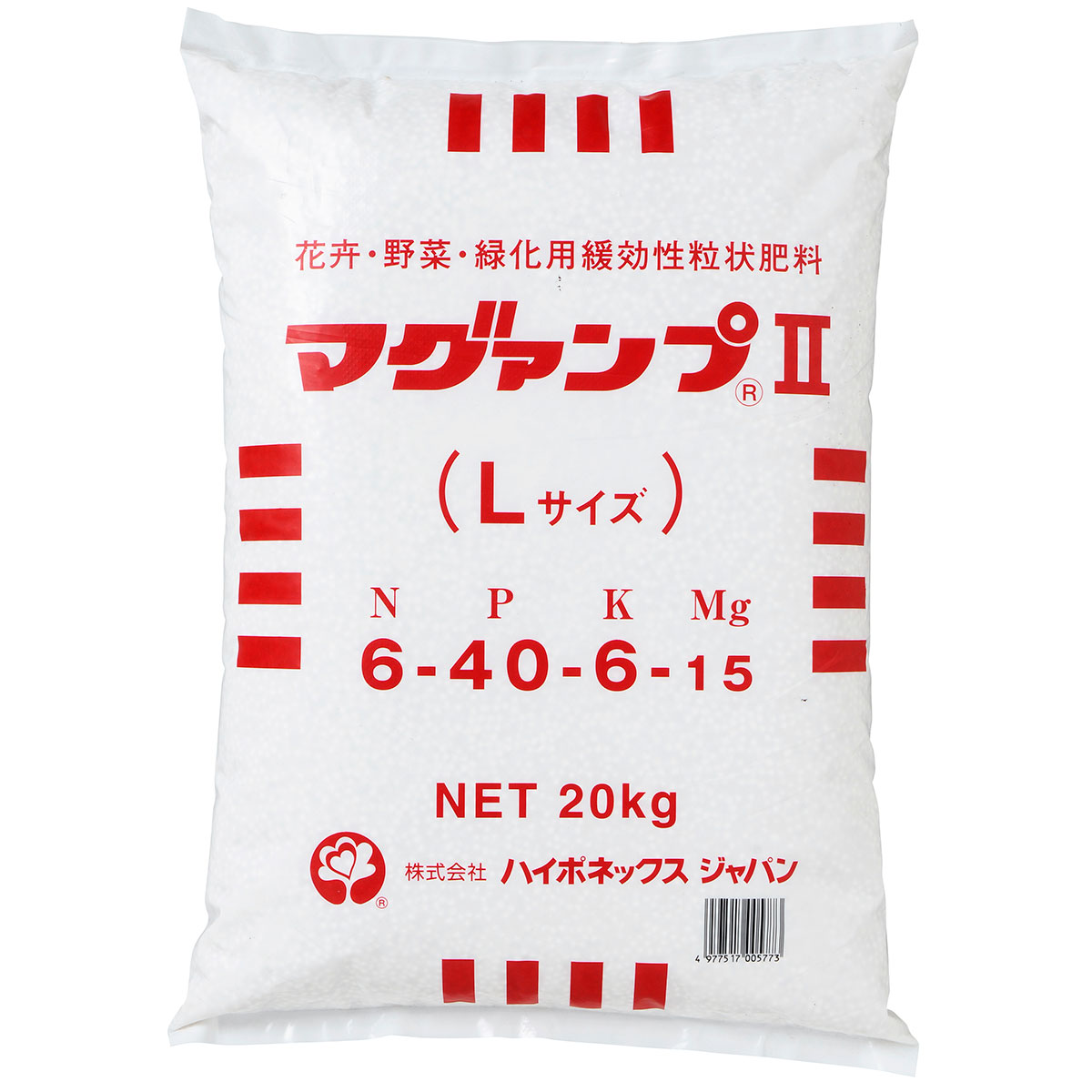 ※メーカーより直送品となります。日時指定はご対応出来かねますのでご了承お願い致します。ほか同梱商品があった場合別途送料が発生致しますご了承ください。マグァンプKの特性を備えた均一な粒状肥料です。マグァンプII・LサイズはマグァンプK 大粒と、マグァンプII・MサイズはマグァンプK 中粒と、マグァンプII・SサイズはマグァンプK 小粒と同様にご使用いただけます。粒は球形でよく揃い、匂いはほとんど無く、清潔です。植物の初期成育を促す速効成分と、長期にわたって少しずつ溶出する緩効性分がバランスよく配合されています。肥料成分の溶出は、土壌水分や温度の影響を受けにくいので、肥料焼けや根痛みの心配が少なく、また雨や潅水による肥料成分の流亡も少ないので、植物の吸収利用率が高い肥料です。各種類ごとに粒子サイズが揃っているため、用土に均一に混合できます。特にMSサイズは2.5〜3寸の小さいポットや、用土量の多いプラグトレイ(128穴など)に混合でき、Sサイズは用土量の少ないプラグトレイ(408穴など)にも混合できるサイズです。蒸気消毒前に、用土に混合しても化学反応を起こす心配はありません。サイズ・肥効期間Lサイズ(約5mm)：約1年Mサイズ(約3mm)：約半年MSサイズ(2mm)：約3ヵ月Sサイズ(約1.5mm)：約1.5ヵ月施肥方法・施肥量土に混合して元肥用として使用。土の表面に置肥として使用。置肥として施用する場合は、混合時と比べると、肥料成分の溶出が緩やかになります。※底面吸水栽培には、Lサイズ、Mサイズをおすすめいたします。使用用途切花種類：Lサイズ施肥方法：元肥として用土に混合します。(10〜20cmの深さにすき込む)標準量：500g〜1.5kg/3.3平方メートル鉢物種類：L・M・MSサイズ施肥方法：元肥として用土に混合します。標準量：L・M2〜3g/用土1L、MS1〜2g/用土1L花壇苗生産用種類：L・M・MSサイズ施肥方法：元肥として用土に混合します。標準量：L3g/用土1L、M2〜3g/用土1L、MS1〜2g/用土1Lシンビジウム種類：Lサイズ施肥方法：元肥として用土(バークなど)混合します。標準量：3〜5g/用土1L洋ラン類種類：Lサイズ施肥方法：鉢の表面に置き肥します。標準量：1g/1L(置肥)種類：L・Mサイズ施肥方法：元肥として用土(バークなど)混合します。標準量：1〜2g用土1L(水苔には混合しないでください)プラグ苗種類：MS・Sサイズ施肥方法：元肥として播種用度に混同します。標準量：MS 1〜2g/用土1L、S1〜1.5g/用土1L(肥料入り調節ピートの場合は半量が目安)花壇苗植付け種類：L・Mサイズ施肥方法：元肥として用土に混合します。(約10cmの深さにすき込む)標準量：500g〜1.0kg/3.3平方メートル芝には張り芝・播種前に元肥として施肥芝生追肥種類：Sサイズ施肥方法：芝生の上へ均一にばらまきます。標準量：150g/3.3平方メートル施肥後すぐに水やりをしてください。花木・樹木/定植時種類：Lサイズ施肥方法：根土に下に施肥します。標準量：100〜200g/根土の大きさ30〜50cm花木・樹木/追肥時種類：Lサイズ施肥方法：外枝の下に施肥します。標準量：樹木の大きさによって※例：2〜3m樹高の場合100g×3か所山野草にも使われています。※施肥量は植物の種類、生育状態、気象条件、用土、潅水方法などにより異なりますので、一つの目安とお考え下さい。※施肥にあたっては、一度お試しの上、施肥量をお決めください。※酸性用土(pH5以下)では、溶出量がやや多くなりますので、標準量の1/2の量を施肥してください。※ピート単用土などでは、初期溶出がやや多くなりますので、標準量も2/3〜1/2の量施肥してください。