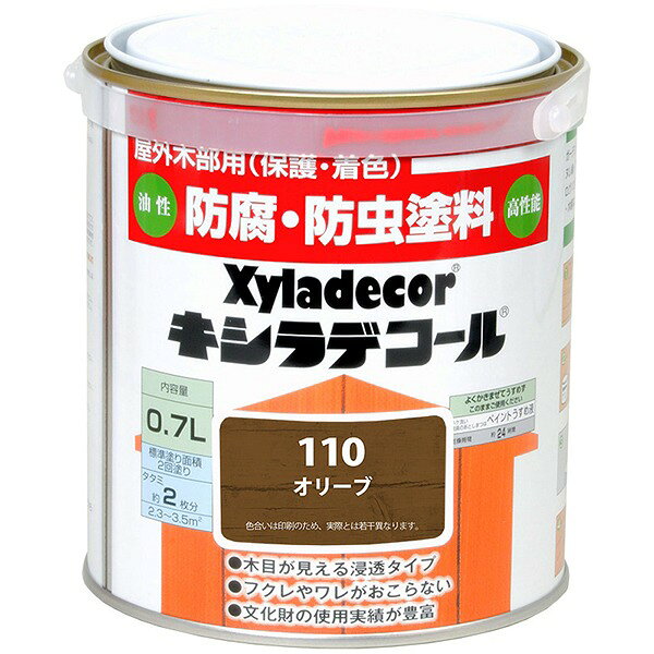 屋外木部用（保護・着色）油性 高性能防腐・防虫塗料Xyladecor木目が見える浸透タイプフクレやワレがおこらない文化財の使用実績が豊富特長●日光や風雨に強い耐候性顔料の効果で鮮明な色が長持ち、長期間木材を保護します●木材に浸透し、表面に余分な塗膜を作りません。木の通気性を保つため木の呼吸を妨げないので塗膜のフクレ、ワレがおこりません●ハケ捌きが良く塗りムラになりにくいので、仕上げが簡単です●また、塗膜を作らないので、塗り替えの際もごみやほこりを落とすだけで上塗りすることができるなど、メンテナンス性に優れています●木材の内部に浸透し、内部から防腐・防カビ・防虫効果を発揮します●外部機関の各種試験で安全性を確認しています※防虫の対象はヒラタキクイムシなどの木材害虫です。シロアリ、アリ、ハチなどは対象外です※立地条件や周辺環境、建物の構造などにより、早期に塗装面の退色・変色ならびにカビ、木材害虫、木材腐朽菌などによる汚染、加害を生じる場合があります発売以来50年以上の実績を持つ木材保護塗料の定番ブランド。多くの採用実績が高い防腐・防カビ・防虫効果を証明しています「木を守る」「木を彩る」日光や雨・害虫・カビなどの外敵から大切な木材を長期間守ります。数々の文化財や公共施設などに採用実績があります。多彩なカラーバリエーションでイメージ通りの仕上がりに用途●屋外木部用●羽目板・下見板・破風・窓枠・門扉・ウッドデッキ・戸袋・窓格子・雨戸・ヌレ縁・鼻かくし・フェンス・ルーバー・パーゴラ・ガーデンファニチャー・ログ材・木橋の高欄・ドア・軒天・ベンチ・ラティス・ウッドプランター・木柵など※公共の建物、大型建築物から文化財まで、メンテナンス間隔の長いもの、長期にわたって維持、管理が必要なものに多数の実績があります※試し塗りで明らかに塗料が浸透しにくい被塗装材への塗装はお控えください※南洋系硬質材などへの塗装は浸透しにくく、乾燥遅延が起こる可能性がありますのでご注意ください必ず試し塗りを行い、確認してから塗装してください。乾燥が著しく遅い場合は、塗装をお控えください【南洋系硬質材の例】イペ、チーク、ジャラ、アゾベ（ボンゴシ）、アサメラ、セランガンバツ、ウリン（ベリアン）、マサラン　デューバなど※キシラデコール（#120やすらぎ）は業務用として販売しております。 家庭用は、キシラデコール白木やすらぎとなります家庭用と業務用は容器デザインが異なりますが、塗料の中身は全く同じです標準塗装仕様工程：下塗り・上塗り塗料：キシラデコール（#102〜#116・#120）使用方法：ハケ塗り（スプレー塗装不可）2〜3回塗り標準使用量：0.15〜0.20L/平方メートル（5〜7平方メートル/L）（2〜3回塗りの合計量）塗り重ね乾燥時間：12時間以上備考乾燥は約24時間低温・多湿時3日以上塗装時の木材含水率は、18％以下を標準とします。1）キシラデコールカラレス（#101）は有色仕上げ時（#120やすらぎ除く）の着色ムラ防止に下塗り剤としてご使用ください。ただし、樹種（針葉樹・広葉樹など）によっては着色が薄くなることがありますので、必ず試し塗りにより仕上がりをご確認ください。標準使用量0.05〜0.10L/平方メートル（10〜20平方メートル/L）（1回塗り）、キシラデコールを上塗りするための塗り重ね乾燥時間2〜6時間2）標準使用量は、被塗材の種類（新材・古材）、樹種（針葉樹・広葉樹など）、塗装面、含水率、材のひび割れなどで異なることがあります。3）塗り重ね乾燥時間は、気温20℃、湿度65％、木材含水率18％の条件を示します4）以下の場合は乾燥遅延を起こすことがありますので、ご注意ください湿度が高い場合、低温の場合、塗布量が多すぎる場合、下塗りが未乾燥のうちに重ね塗りした場合、塗料が浸透しにくい木材に塗装した場合、換気が不十分な場合乾燥が不十分な場合には、降雨などによって塗料が流れ落ちる可能性がありますのでご注意ください。塗装後未乾燥のうちに降雨が予想される場合は、塗装箇所に応じた適切な養生をしてください5）公共建築工事標準仕様「木材保護塗料塗り（WP）」で使用する場合はキシラデコールの容量（L）に比重を掛け重量（kg）換算してください。（例）16L（缶）×0.85（平均比重）=13.6kg（比重は色によって若干異なります）塗り面積（2回塗り）：約2.3〜3.5平方メートル（タタミ約2枚分）塗装上の注意1.顔料が缶の底に沈殿していることがありますので、使用前によく缶を振り、角棒などでかき混ぜてください。使用中もよくかき混ぜてください2.吸い込みムラの出やすい木材で、着色ムラおよび塗り継ぎムラが気になる場合は、無色のキシラデコールカラレス（#101）を下塗りしてから有色のキシラデコールを2回塗装することをおすすめします。この場合、上塗りの色が薄く仕上がることがありますので、必ず試し塗りで確認してください【吸い込みムラの出やすい木材の例】合板、集成材など3.ベンチ、ベランダ、ウッドデッキ、バルコニーなどの平面部位は摩擦による色落ちが早いため、塗り重ねをこまめに行ってください。また、色落ちにより衣服を汚すおそれのある部位への塗装は、乾燥後ウエスなどで乾拭きしてください4.雨天の日、多湿時（相対湿度85％以上）、または低温時（5℃以下）の塗装はお控えください5.色見本と仕上がりが異なることがありますので、試し塗りで仕上がりを確認してください6.試し塗りで明らかに塗料が浸透しにくい被塗材への塗装はお控えください7.南洋系硬質材などへの塗装は浸透しにくく、乾燥遅延が起こる可能性がありますのでご注意ください。必ず試し塗りを行い、確認してから塗装してください。乾燥が著しく遅い場合は、塗装をお控えください【南洋系硬質材の例】イペ、チーク、ジャラ、アゾベ（ボンゴシ）、アサメラ、セランガンバツ、ウリン（ベリアン）、マサランデューバなど8.雨水や積雪などにより水分が滞留しやすい部位は、比較的短期間に色落ちする場合がありますので、こまめなメンテナンスを心掛けてください9.キシラデコールやすらぎ（＃120）はUVカット（白色）顔料を含むため、完全な透明ではなく少し白っぽく仕上がります。また、浸透しにくい木材は、表面に顔料が残り白っぽさが目立つことがありますので、試し塗りにより仕上がりをご確認ください。特に、褐色系硬質材や含水率が高い木材への塗装では経時により徐々に白っぽさが増し、塗装後半年以内で白っぽさが目立つことがありますのでご注意ください【褐色系硬質材の例】イペ、チーク、ジャラ、アゾベ（ボンゴシ）、アサメラ、セランガンバツ、ウリン（ベリアン）、マサランデューバ、ケヤキなど10.ワックス及び塗膜のついている塗装面には、キシラデコールは塗れませんので、必ずサンドペーパーなどで完全に取り除いてください11.キシラデコールカラレス（#101）は、有色キシラデコールの下塗り剤として設計されており、防腐・防カビ・防虫成分は含まれていますが、紫外線をカットする顔料が含まれておらず日焼けや変色を防止できないため、クリヤーとしての単独使用はお避けください12.キシラデコールやすらぎ（#120）やキシラデコールワイス（#114）は、ごみやほこりやカビなどの汚れが目立ちやすく、こまめに清掃して汚れの除去を行った後に塗り替えることをおすすめします13.使用後のハケなどの後始末は、乾かないうちに油性塗料用うすめ液でよく洗って陰干ししてください14.他の塗料との混合やシンナーなどでうすめると、キシラデコールの性能が著しく損なわれるので絶対に避けてください15.本製品は屋外木部用です。屋内木部への塗装はお控えください。屋内木部に塗装する場合は、姉妹品の「キシラデコールインテリアファイン」をご使用ください16.キシラデコールを2色以上混合して好みの色を作ることはできます。ただし、キシラデコールカラレス（#101）と混合して使用することは、耐候性が低下するためお避けください17.新しい材は木の表面が高密度なため、標準使用量が塗布できない場合があります。そのため塗装面の劣化が早くなる可能性がありますので、木の表面をサンドペーパーなどで研摩し、塗布量を増やすか、早めにメンテナンスを行ってください18.キシラデコールの塗り替え時期は、建物が建っている土地の自然地理条件、とくに気候と地形によって異なりますが、次のような状態になったときに塗り替えてください（1）：汚れが著しくなったとき（2）：退色が激しくなったとき19.キシラデコールの1回目の塗り替えは2〜3年後、以降は5年毎を目安として再塗装してください。ただし、18.に記載のとおり条件によって異なりますので期間を保証するものではありません取扱い上の注意1.廃棄の禁止（本剤及び洗浄液）：下水、河川、池、湖沼、海、井戸、地下水などを汚染させるおそれのある場所へは廃棄しないでください2.廃棄方法：空容器は他目的に使用せず産業廃棄物処理業者に依頼してください。また、塗装後に残った少量の塗料を廃棄する場合は、ボロ布や新聞紙などに吸収させて十分水に浸してから処分してください。なお、多量の場合は、産業廃棄物として、廃棄業者に依頼してください3.漏洩時の処置：少量の場合は、ボロ布や新聞紙に吸収させて十分水に浸してから処分してください。多量の漏洩の場合は、流出の防止に努め、火気を避けてください。地下水汚染のおそれがある場合は、警察署・保健所などへ連絡してください4.消火法：粉末消火器、泡消火剤、乾燥砂を使用してください5.環境汚染6.(1)：下水、河川、池、湖沼、海、井戸水、地下水などを汚染させるおそれのある場所で使用しないでください7.(2)：臭いがありますので居住者、周辺の居住者に対して十分ご配慮ください8.腐食：塩ビ製品(水道管など)、発泡スチロールなど(断熱材)にかからないようにしてください。かかったらすぐに洗剤で洗ってください。9.家財汚染：塗装対象物以外にかからないようにしてください10.食品、飼料汚染：食品、飼料などにかからないようにしてください。11.混合禁止：他の塗料、薬剤などと混合しないでください12.可燃性：火気、静電気、衝撃火花などによる着火源の生じないよう注意してください13.自然発火：塗料を拭き取ったボロ布などは、自然発火のおそれがありますので、十分水に浸してから処分してください14.水質汚濁防止法上の注意：薬液浸透施設を設置する場合は、都道府県知事に対し、特定施設の届出が必要です保管・貯蔵上の注意1.場所：食品と区別して、幼児・子供の手の届かない所に保管してください2.方法：雨水、直射日光、高温・多湿、潮風を避けて保管してください3.事故防止：盗難、紛失、流失などの事故防止に努めてください検索ワード：屋外 着色 浸透 ラティス プランター トレリス 日焼け 刷毛 防虫 防腐