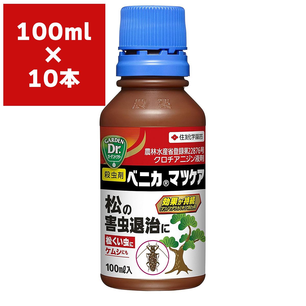 商品特長ケムシなどの松の害虫に効果的です。松くい虫(マツノマダラカミキリ)には約2ヵ月の持続効果があります。対象作物あかまつ、くろまつ、樹木類、さんごじゅ、つつじ類適用害虫マツノマダラ、カミキリ成虫、ケムシ類、サンゴジュハムシ、ツツジグンバイ効果・薬害等の注意適用作物群に属する作物又はその新品種に本剤をはじめて使用する場合は、使用者の責任において事前に薬害の有無を十分確認してから使用してください。なお、病害虫防除所または販売店等と相談することが望ましいです。検索ワード：住友化学園芸 松の害虫退治 ベニカマツケア 害虫 退治 害虫 駆除 虫退治 松くい虫 退治 松くい虫 殺虫 マツノマダラカミキリ 殺虫 マツノマダラカミキリ 退治 カミキリムシ 退治 カミキリムシ 殺虫 毛虫 駆除 毛虫 殺虫 樹木用 殺虫剤 樹木用 害虫 駆除剤 庭木 殺虫 殺虫剤 毛虫 殺虫剤 農薬 殺虫剤 ベニカ 殺虫剤 カミキリムシ 殺虫剤 松くい虫 殺虫剤 樹木 殺虫剤 松 害虫 退治 殺虫剤 あかまつ 殺虫剤 くろまつ 殺虫剤 さんごじゅ 殺虫剤 つつじ 殺虫剤 住友化学園芸 旧住友化学園芸 元住友化学園芸 キンチョー キンチョー園芸 金鳥