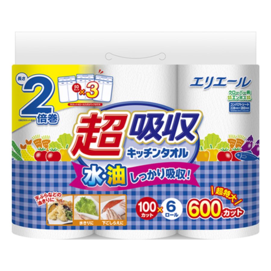 家事効率を格段にアップ 水や油を素早く強力に吸収し、調理や後片付けの時間を短縮します。揚げ物の油切りから食器拭きまで、幅広い用途で活躍し、キッチン作業がスムーズになります。優れた吸収力で、一度の使用でしっかり拭き取れるため、無駄なく経済的です。 優れた吸収力と丈夫さ 独自のエンボス加工により、水や油を瞬時に捉え、しっかり閉じ込めます。濡れても破れにくい丈夫なシートで、ゴシゴシ拭いても安心してお使いいただけます。食材の水切りからコンロ周りの油汚れまで、あらゆるシーンで頼れる一枚です。 賢くストック、安心の大容量 100カットのロールが6個、それが8パックも入った大容量セットで、買い物の手間を省きます。たっぷり使えるので、急な来客や災害時の備蓄としても安心感を提供します。コンパクトにまとめられたケースサイズで、収納場所にも困らず、スマートにストックできます。 エリエール 超吸収キッチンタオル 100カット×6ロール×8パックで、毎日の生活をより快適に整えましょう！ 快適で経済的な使い心地を、ぜひご体験ください。