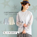 透け感のあるお袖に刺繍が施された プルオーバー 。 レディース トップス スエット 長袖 シースルー 透け 透け感 シフォン 刺繍 ししゅう 星柄 スター ゆったり 物 服 ◆スターシースルースリーブ プルオーバー