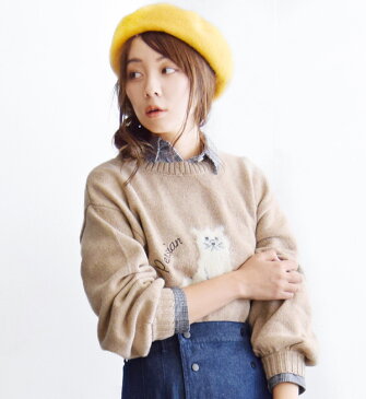 【30%OFF】ニット / ふわふわ 毛足の長い猫ちゃんモチーフ セーター 。 レディース トップス プルオーバー 長袖 バルーンスリーブ バルーン袖 丸首 クルーネック ゆったり ウール混 毛糸 無地 ボーダー柄 猫 ネコ 秋冬 ◆☆イベント中☆ペルシャネコ ニットプルオーバー