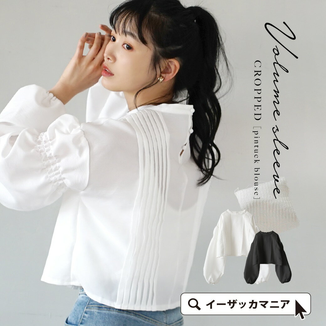 ブラウス / 上品な 透け 感が大人っぽく決まるポイント。 レディース トップス シャツ プルオーバー 白ブラウス シアー シースルー ショート丈 長袖 スタンドカラー きれいめ ゆったり 二の腕カバー 春 【メール便可22】◆ボリュームスリーブ クロップド ピンタックブラウスのサムネイル