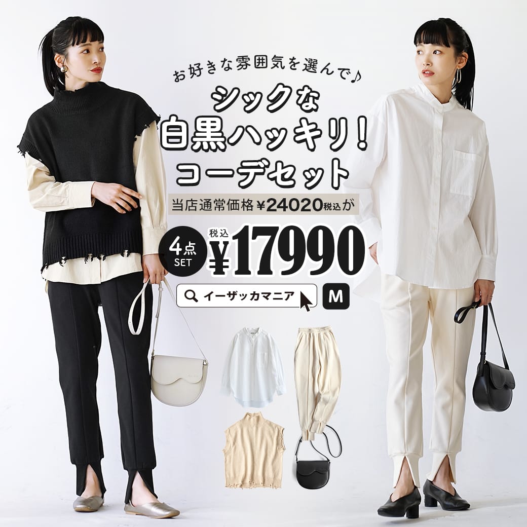 コーディネートセット レディース / カラーが選べる！お得な4点 セット ！ トップス シャツ ブラウス 長袖 ベスト ニットベスト パンツ ズボン ロング 膝下 バッグ バック ショルダー 春 ◆白黒ハッキリ！お好きな雰囲気で選んで♪シックコーデセット【返品交換不可】のサムネイル